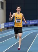 27 February 2022; Luke McCann of UCD AC, Dublin, celebrates winning the senior men's 1500m during day two of the Irish Life Health National Senior Indoor Athletics Championships at the National Indoor Arena at the Sport Ireland Campus in Dublin. Photo by Sam Barnes/Sportsfile