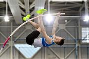 27 February 2022; Matthew Callinan Keenan of St Laurence O'Toole AC, Carlow, competing in the senior men's Pole Vault during day two of the Irish Life Health National Senior Indoor Athletics Championships at the National Indoor Arena at the Sport Ireland Campus in Dublin. Photo by Sam Barnes/Sportsfile