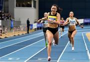 27 February 2022; Phil Healy of Bandon AC, Cork, on her way to winning the senior women's 400m during day two of the Irish Life Health National Senior Indoor Athletics Championships at the National Indoor Arena at the Sport Ireland Campus in Dublin. Photo by Sam Barnes/Sportsfile