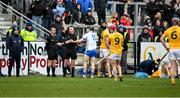 27 February 2022; Referee Thomas Gleeson issues Colin Dunford of Waterford with a first half red card as Waterford manager Liam Cahil, left, watches on during the Allianz Hurling League Division 1 Group B match between Antrim and Waterford at Corrigan Park in Belfast. Photo by Oliver McVeigh/Sportsfile