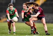 27 February 2022; Danielle Caldwell of Mayo, left, supported by teammate Sarah Mulvihill, in action against Aoife O'Rourke of Galway during the Lidl Ladies Football National League Division 1 match between Galway and Mayo at Tuam Stadium in Galway. Photo by Ben McShane/Sportsfile