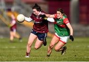 27 February 2022; Leanne Coen of Galway in action against Danielle Caldwell of Mayo during the Lidl Ladies Football National League Division 1 match between Galway and Mayo at Tuam Stadium in Galway. Photo by Ben McShane/Sportsfile