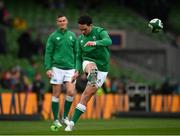 27 February 2022; Joey Carbery of Ireland kicks watched by teammate Jonathan Sexton before the Guinness Six Nations Rugby Championship match between Ireland and Italy at the Aviva Stadium in Dublin. Photo by Harry Murphy/Sportsfile