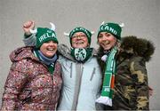 27 February 2022; Ireland supporters, from left, Lucy, Anne and Ciara Griffin from Templeogue, Dublin before the Guinness Six Nations Rugby Championship match between Ireland and Italy at the Aviva Stadium in Dublin. Photo by David Fitzgerald/Sportsfile