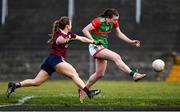 27 February 2022; Sinead Walsh of Mayo scores her side's sixth goal despite the attention of Aoife Ní Cheallaigh of Galway during the Lidl Ladies Football National League Division 1 match between Galway and Mayo at Tuam Stadium in Galway. Photo by Ben McShane/Sportsfile