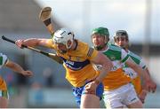 27 February 2022; Conor Cleary of Clare in action against Eoghan Parlon of Offaly during the Allianz Hurling League Division 1 Group A match between Offaly and Clare at Bord na Mona O'Connor Park in Tullamore, Offaly. Photo by Michael P Ryan/Sportsfile