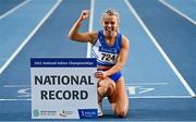 27 February 2022; Molly Scott of St Laurence O'Toole AC, Carlow, celebrates winning the senior women's 60m final in a national record time of 7.19, after the final had to be re-run  during day two of the Irish Life Health National Senior Indoor Athletics Championships at the National Indoor Arena at the Sport Ireland Campus in Dublin. Photo by Sam Barnes/Sportsfile