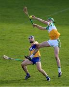 27 February 2022; Brian Duignan of Offaly in action against Rory Hayes of Clare during the Allianz Hurling League Division 1 Group A match between Offaly and Clare at Bord na Mona O'Connor Park in Tullamore, Offaly. Photo by Michael P Ryan/Sportsfile