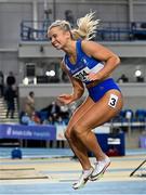 27 February 2022; Molly Scott of St Laurence O'Toole AC, Carlow, celebrates winning the senior women's 60m final in a national record time of 7.19, after the final had to be re-run  during day two of the Irish Life Health National Senior Indoor Athletics Championships at the National Indoor Arena at the Sport Ireland Campus in Dublin. Photo by Sam Barnes/Sportsfile