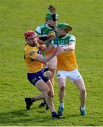27 February 2022; Patrick Crotty of Clare in action against Eoghan Parlon of Offaly during the Allianz Hurling League Division 1 Group A match between Offaly and Clare at Bord na Mona O'Connor Park in Tullamore, Offaly. Photo by Michael P Ryan/Sportsfile