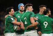 27 February 2022; Joey Carbery of Ireland celebrates after scoring his side's first try with teammates during the Guinness Six Nations Rugby Championship match between Ireland and Italy at the Aviva Stadium in Dublin. Photo by Harry Murphy/Sportsfile