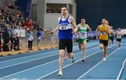 27 February 2022; Mark English of Finn Valley AC, Donegal, celebrates winning the senior men's 800m during day two of the Irish Life Health National Senior Indoor Athletics Championships at the National Indoor Arena at the Sport Ireland Campus in Dublin. Photo by Sam Barnes/Sportsfile