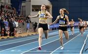 27 February 2022; Louise Shanahan of Leevale AC, crosses the line to win the senior women's 800m during day two of the Irish Life Health National Senior Indoor Athletics Championships at the National Indoor Arena at the Sport Ireland Campus in Dublin. Photo by Sam Barnes/Sportsfile