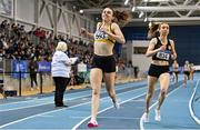 27 February 2022; Louise Shanahan of Leevale AC, celebrates winning the senior women's 800m during day two of the Irish Life Health National Senior Indoor Athletics Championships at the National Indoor Arena at the Sport Ireland Campus in Dublin. Photo by Sam Barnes/Sportsfile