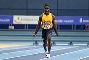 27 February 2022; Israel Olatunde of UCD AC, Dublin, celebrates winning the senior men's 60m during day two of the Irish Life Health National Senior Indoor Athletics Championships at the National Indoor Arena at the Sport Ireland Campus in Dublin. Photo by Sam Barnes/Sportsfile