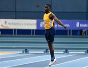 27 February 2022; Israel Olatunde of UCD AC, Dublin, celebrates winning the senior men's 60m during day two of the Irish Life Health National Senior Indoor Athletics Championships at the National Indoor Arena at the Sport Ireland Campus in Dublin. Photo by Sam Barnes/Sportsfile