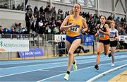 27 February 2022; Sarah Healy of UCD AC, Dublin, on her way to winning the senior women's 1500m during day two of the Irish Life Health National Senior Indoor Athletics Championships at the National Indoor Arena at the Sport Ireland Campus in Dublin. Photo by Sam Barnes/Sportsfile