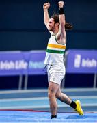 27 February 2022; Matthew Rossiter of St Abbans AC, Laois, celebrates a clearance whilst competing in the senior men's Pole Vault during day two of the Irish Life Health National Senior Indoor Athletics Championships at the National Indoor Arena at the Sport Ireland Campus in Dublin. Photo by Sam Barnes/Sportsfile