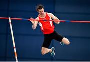 27 February 2022; Michael Bowler of Enniscorthy AC, Wexford, competing in the senior men's Pole Vault during day two of the Irish Life Health National Senior Indoor Athletics Championships at the National Indoor Arena at the Sport Ireland Campus in Dublin. Photo by Sam Barnes/Sportsfile