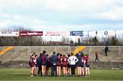 27 February 2022; Galway players huddle after their defeat in the Lidl Ladies Football National League Division 1 match between Galway and Mayo at Tuam Stadium in Galway. Photo by Ben McShane/Sportsfile