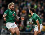 27 February 2022; Jamison Gibson-Park, right, celebrates with teammate Andrew Porter of Ireland after he scored their side's second try during the Guinness Six Nations Rugby Championship match between Ireland and Italy at the Aviva Stadium in Dublin. Photo by David Fitzgerald/Sportsfile