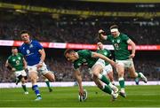 27 February 2022; Michael Lowry of Ireland scores his side's third try during the Guinness Six Nations Rugby Championship match between Ireland and Italy at the Aviva Stadium in Dublin. Photo by Harry Murphy/Sportsfile