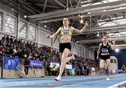 27 February 2022; Louise Shanahan of Leevale AC, Cork, crosses the line to win the senior women's 800m during day two of the Irish Life Health National Senior Indoor Athletics Championships at the National Indoor Arena at the Sport Ireland Campus in Dublin. Photo by Sam Barnes/Sportsfile