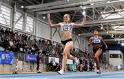 27 February 2022; Georgie Hartigan of Dundrum South Dublin AC, celebrates winning the senior women's 1500m during day two of the Irish Life Health National Senior Indoor Athletics Championships at the National Indoor Arena at the Sport Ireland Campus in Dublin. Photo by Sam Barnes/Sportsfile