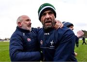 27 February 2022; Kildare manager Glenn Ryan, left, and selector Dermot Earley celebrate after their side's victory in the Allianz Football League Division 1 match between Kildare and Dublin at St Conleth's Park in Newbridge, Kildare. Photo by Piaras Ó Mídheach/Sportsfile