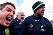 27 February 2022; Kildare selector Anthony Rainbow, left, celebrates alongside manager Glenn Ryan, centre, and selector Dermot Earley after their side's victory in the Allianz Football League Division 1 match between Kildare and Dublin at St Conleth's Park in Newbridge, Kildare. Photo by Piaras Ó Mídheach/Sportsfile