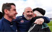 27 February 2022; Kildare manager Glenn Ryan, centre, celebrates with selector Anthony Rainbow, left, and backroom team member Charlie McCreevy after their side's victory in the Allianz Football League Division 1 match between Kildare and Dublin at St Conleth's Park in Newbridge, Kildare. Photo by Piaras Ó Mídheach/Sportsfile