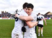 27 February 2022; Kildare players Kevin Feely, left, and Daragh Ryan celebrate after their side's victory in the Allianz Football League Division 1 match between Kildare and Dublin at St Conleth's Park in Newbridge, Kildare. Photo by Piaras Ó Mídheach/Sportsfile