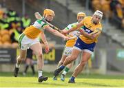 27 February 2022; Aron Shanagher of Clare in action against Ciaran Burke of Offaly during the Allianz Hurling League Division 1 Group A match between Offaly and Clare at Bord na Mona O'Connor Park in Tullamore, Offaly. Photo by Michael P Ryan/Sportsfile