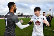27 February 2022; Kildare players Aaron O'Neill, left, and Daragh Ryan celebrate after their side's victory in the Allianz Football League Division 1 match between Kildare and Dublin at St Conleth's Park in Newbridge, Kildare. Photo by Piaras Ó Mídheach/Sportsfile