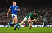 27 February 2022; Ryan Baird of Ireland scores his side's seventh try during the Guinness Six Nations Rugby Championship match between Ireland and Italy at the Aviva Stadium in Dublin. Photo by Seb Daly/Sportsfile