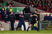 27 February 2022; Cork manager Kieran Kingston protests to referee Sean Stack during the Allianz Hurling League Division 1 Group A match between Limerick and Cork at TUS Gaelic Grounds in Limerick. Photo by Eóin Noonan/Sportsfile