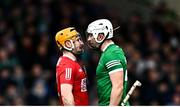27 February 2022; Aaron Gillane of Limerick with Niall O’Leary of Cork during the Allianz Hurling League Division 1 Group A match between Limerick and Cork at TUS Gaelic Grounds in Limerick. Photo by Eóin Noonan/Sportsfile