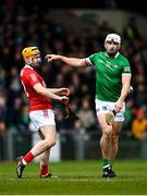 27 February 2022; Aaron Gillane of Limerick tussles with Niall O’Leary of Cork during the Allianz Hurling League Division 1 Group A match between Limerick and Cork at TUS Gaelic Grounds in Limerick. Photo by Eóin Noonan/Sportsfile