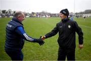 27 February 2022; Kerry manager Jack O'Connor and Monaghan manager Séamus McEnaney, left, after the Allianz Football League Division 1 match between Monaghan and Kerry at Inniskeen Grattans GAA Club in Monaghan. Photo by Stephen McCarthy/Sportsfile