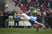 27 February 2022; Seán O’Shea of Kerry in action against Conor Boyle of Monaghan during the Allianz Football League Division 1 match between Monaghan and Kerry at Inniskeen Grattans GAA Club in Monaghan. Photo by Stephen McCarthy/Sportsfile
