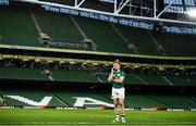 27 February 2022; Michael Lowry of Ireland on the phone after making his debut in the Guinness Six Nations Rugby Championship match between Ireland and Italy at the Aviva Stadium in Dublin. Photo by Harry Murphy/Sportsfile