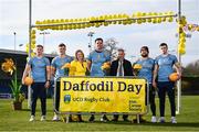 28 February 2022; Irish Cancer Society chief executive officer Averil Power and Vice President of UCD Rugby Brian Gilsenan along with UCD rugby players, from left, Jack Ringrose, Josh van der Flier, James Ryan, Andrew Porter and David Ryan launch UCD Rugby's annual Daffodil Day collection, in aid of the Irish Cancer Society this Thursday March 3rd across the UCD Campus, as well as online. To date this annual event has raised €60,000 of vital funds for Cancer Research. The event is being run by the UCD BSc Sport & Exercise Management second year class who have assisted the Club in arranging this year’s fundraising initiatives. To donate to this year’s fundraising initiative please visit www.ucdrugby.com The Irish Cancer Society’s Daffodil Day takes place across Ireland on March 25. Photo by David Fitzgerald/Sportsfile