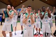 27 February 2022; Ireland players, from left, Keelan Cairns, Adrian O'Sullivan and Taiwo Badmus celebrate after the FIBA EuroBasket 2025 Pre-Qualifiers First Round Group A match between Ireland and Cyprus at the National Basketball Arena in Tallaght, Dublin.