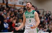 27 February 2022; Sean Flood of Ireland celebrates after the FIBA EuroBasket 2025 Pre-Qualifiers First Round Group A match between Ireland and Cyprus at the National Basketball Arena in Tallaght, Dublin. Photo by Brendan Moran/Sportsfile