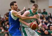 27 February 2022; John Carroll of Ireland in action against Kyprianos Ioannis Maragkos of Cyprus during the FIBA EuroBasket 2025 Pre-Qualifiers First Round Group A match between Ireland and Cyprus at the National Basketball Arena in Tallaght, Dublin. Photo by Brendan Moran/Sportsfile