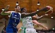 27 February 2022; Taiwo Badmus of Ireland in action against Kyprianos Ioannis Maragkos of Cyprus during the FIBA EuroBasket 2025 Pre-Qualifiers First Round Group A match between Ireland and Cyprus at the National Basketball Arena in Tallaght, Dublin. Photo by Brendan Moran/Sportsfile