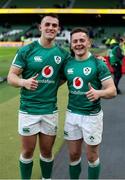 27 February 2022; James Hume, left, and Michael Lowry of Ireland after the Guinness Six Nations Rugby Championship match between Ireland and Italy at the Aviva Stadium in Dublin. Photo by John Dickson/Sportsfile
