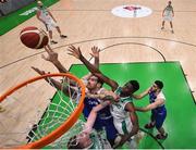 27 February 2022; Kyprianos Ioannis Maragkos of Cyprus and Taiwo Badmus of Ireland contest a rebound during the FIBA EuroBasket 2025 Pre-Qualifiers First Round Group A match between Ireland and Cyprus at the National Basketball Arena in Tallaght, Dublin. Photo by Brendan Moran/Sportsfile