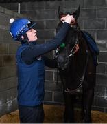 28 February 2022; Delta Work and Carl Millar during a visit to Gordon Elliott's yard in Longwood, Co. Meath. Photo by Ramsey Cardy/Sportsfile