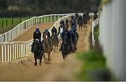 28 February 2022; Delta Work, with Carl Millar up, left, and Conflated, with Cosie McGivern up, during a visit to Gordon Elliott's yard in Longwood, Co. Meath. Photo by Ramsey Cardy/Sportsfile